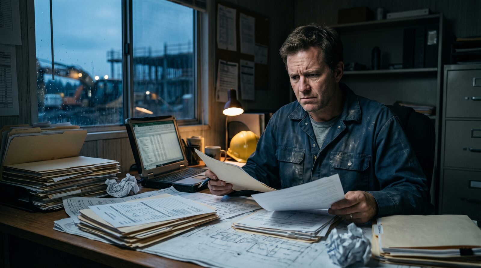 A worried contractor in a site trailer buried in insurance certificate paperwork at dusk