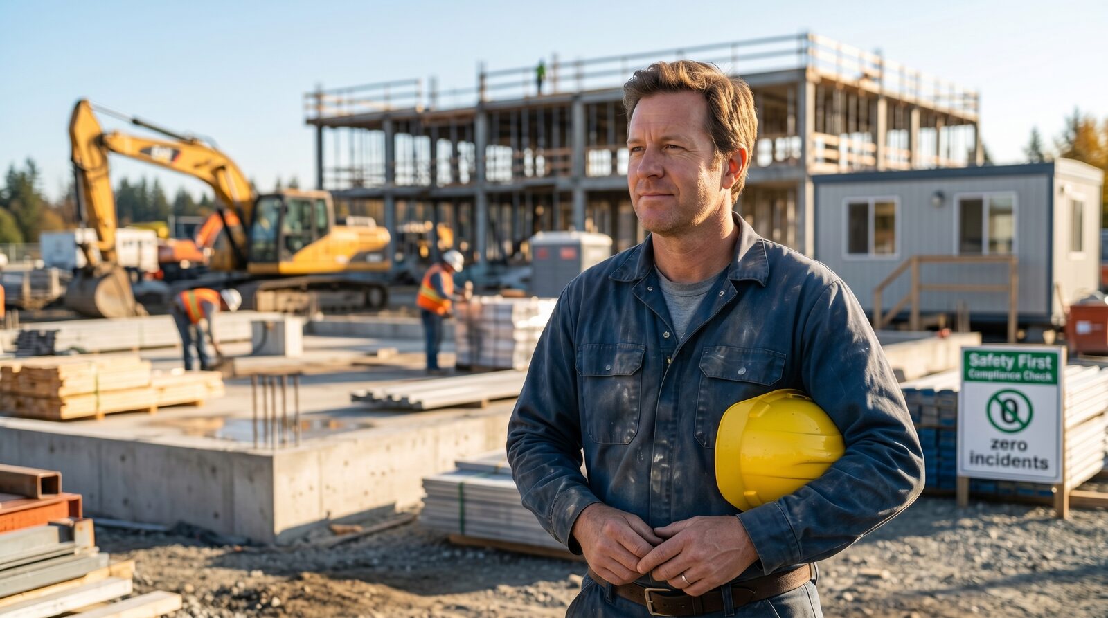 The same contractor standing confident on an organized, compliant job site in daylight